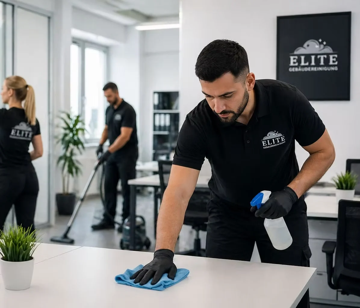Mitarbeiter von Elite Gebäudereinigung bei der Unterhaltsreinigung eines Büroarbeitsplatzes