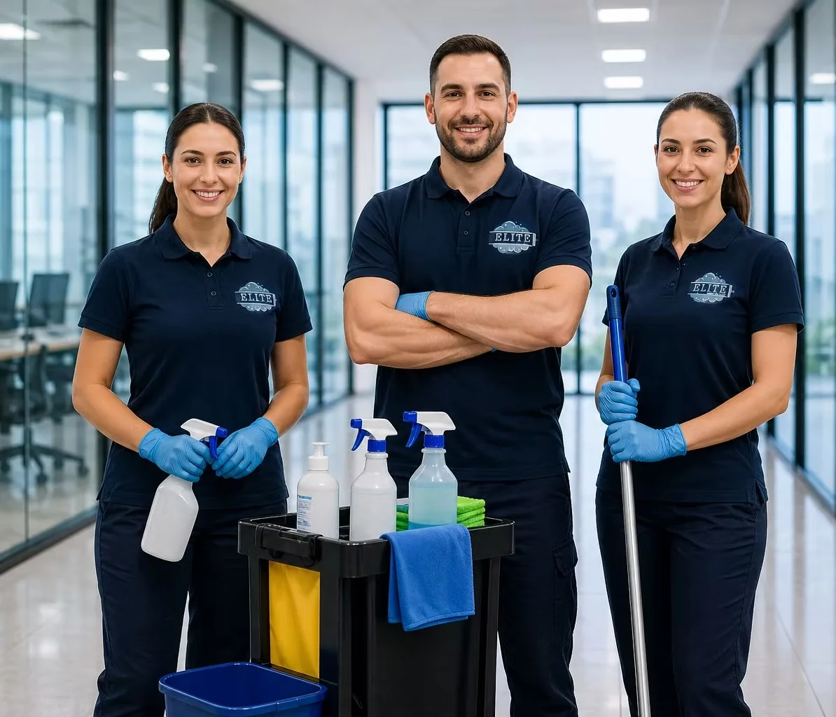 Das freundliche Team von Elite Gebäudereinigung mit Reinigungswagen in einem modernen Büro